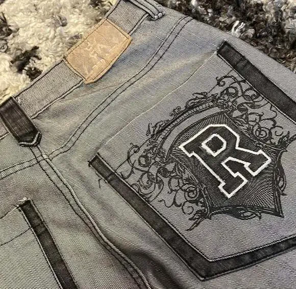 Vintage Red Ape Y2K Baggy Grey Denim Embroidered Jeans Size 36 - Picture 3 of 4